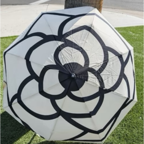 CC Cream and Black Printed Camellia Flower Umbrella - Picture 12 of 12